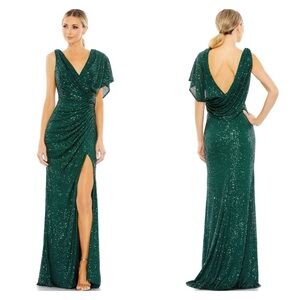 MAC DUGGAL 26988 green sequin dress gown 10 open back one sleeve ruched maxi NWT